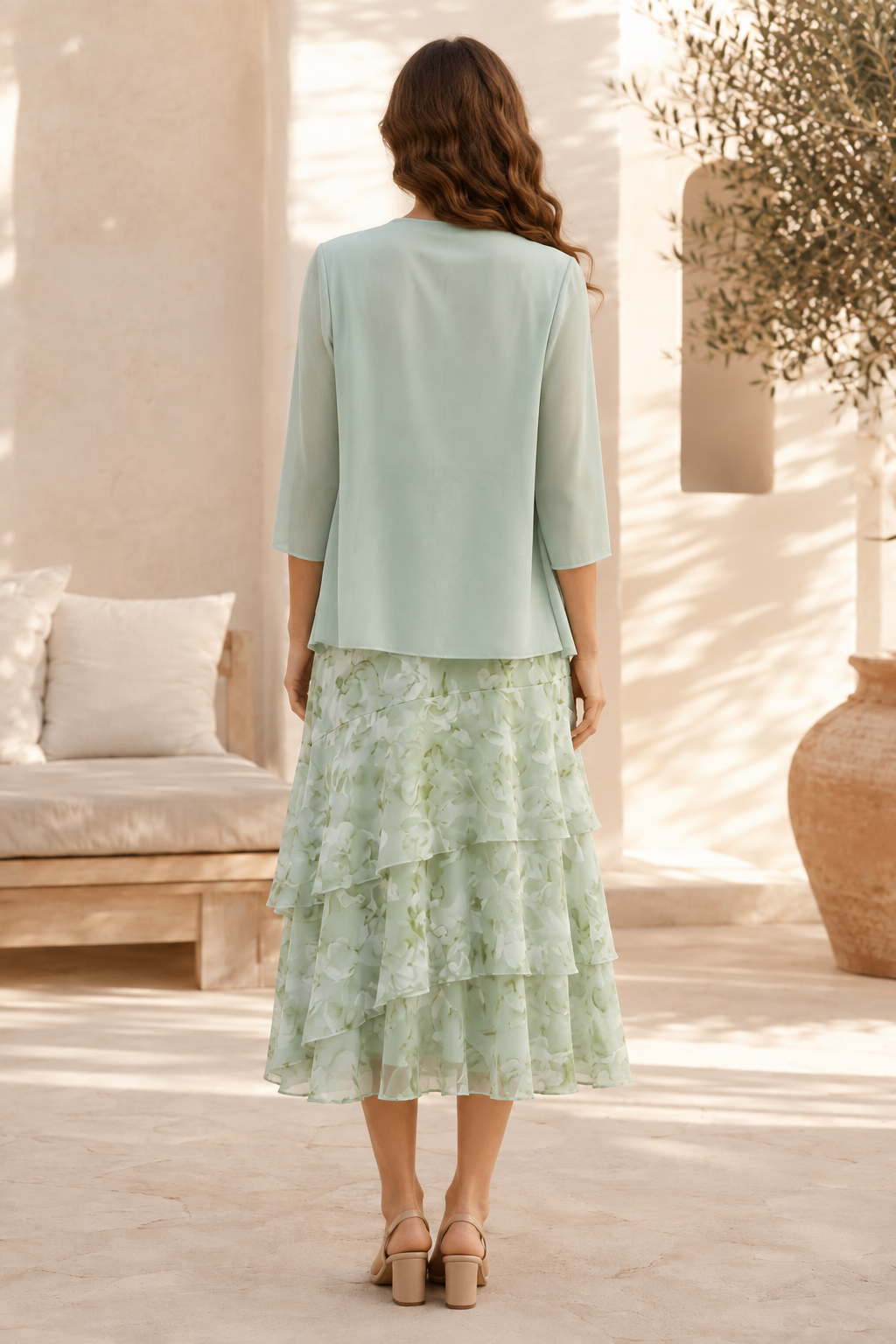 Geblümtes Midi-Stufenkleid mit Jacke (3/4-Arm)