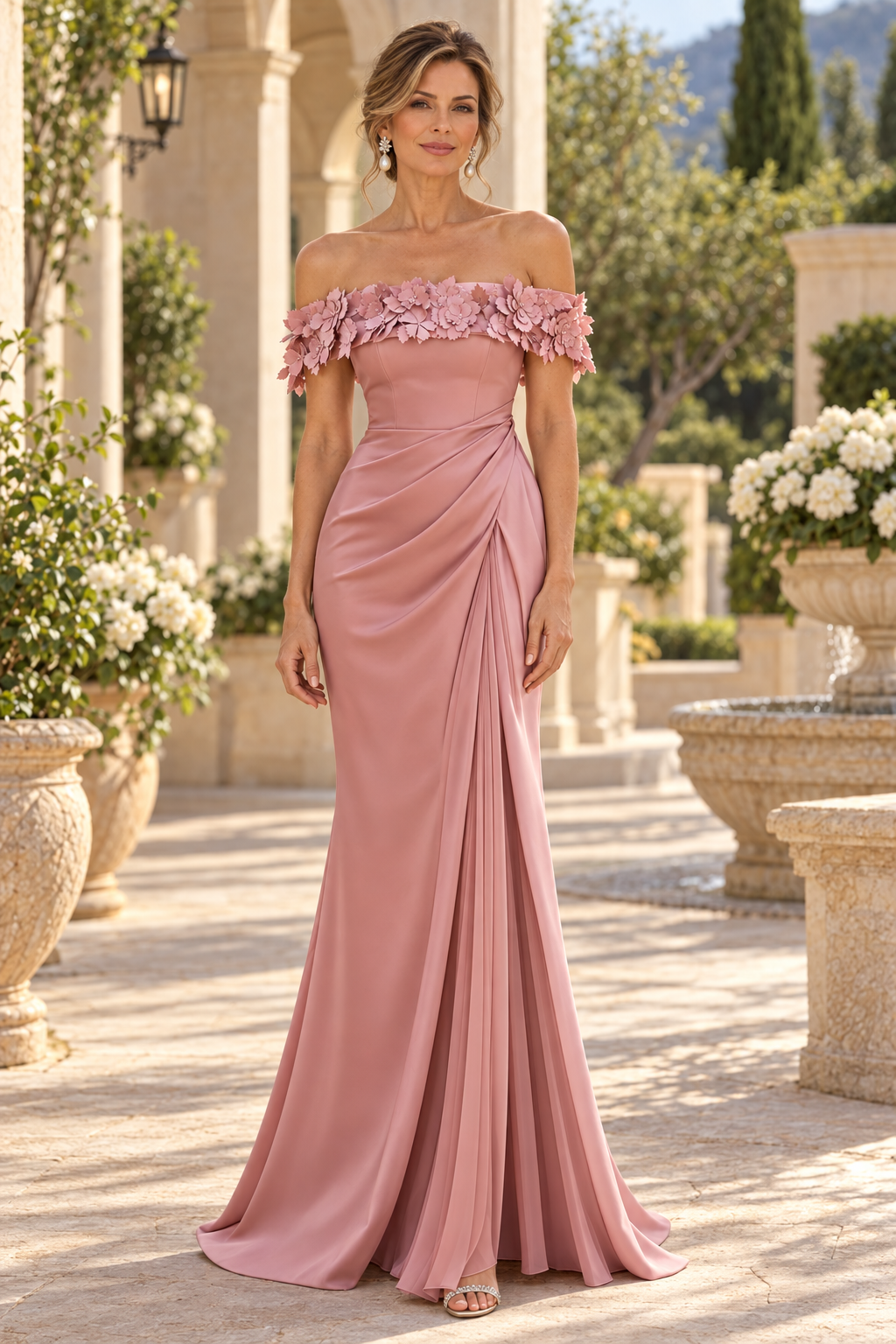Floral Off-Shoulder Draped Gown with Slit