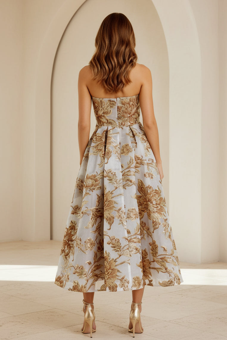 Trägerloses A-Linien-Midikleid aus Metallic-Jacquard