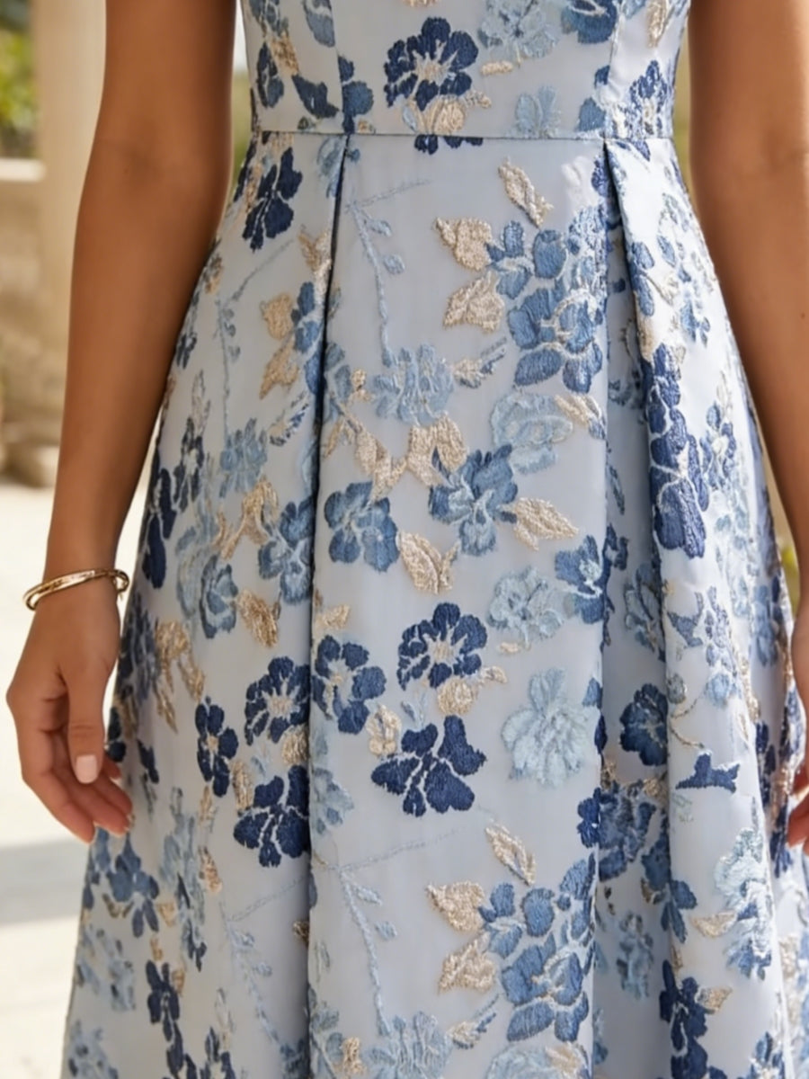 Ärmelloses Midi-A-Linien-Kleid aus floralem Jacquard