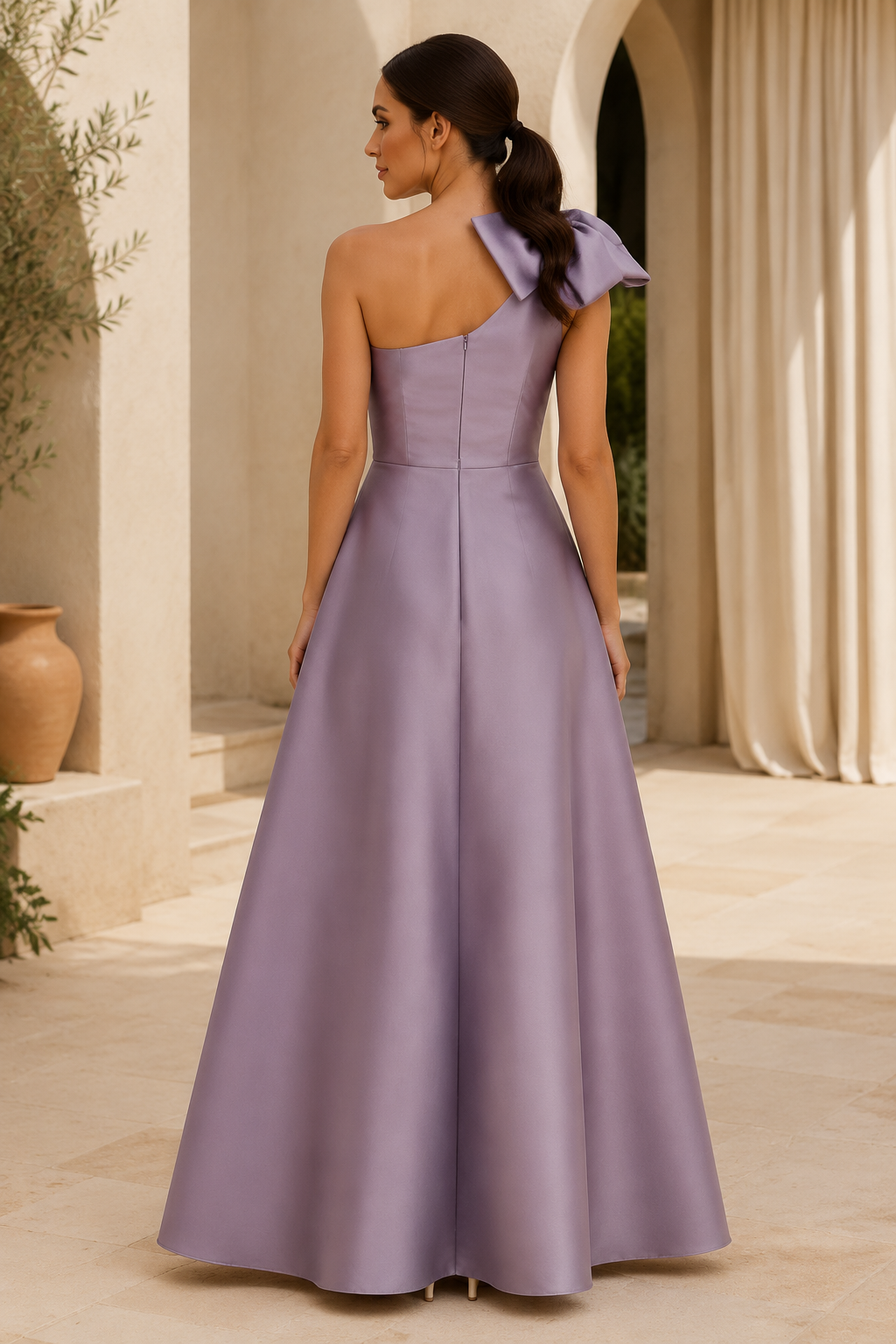 Satin-A-Linien-Kleid mit One-Shoulder, Schleife und Taschen
