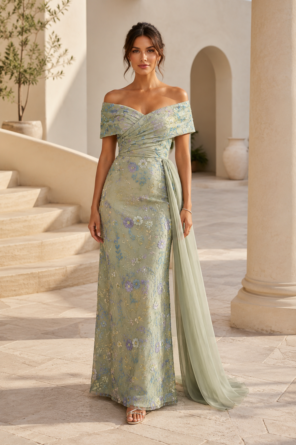 Off-Shoulder-Etui-Kleid aus floralem Jacquard mit Chiffon-Schleppe