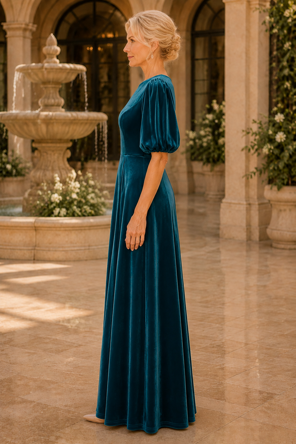 Samt-Maxikleid mit Puffärmeln in A-Linie