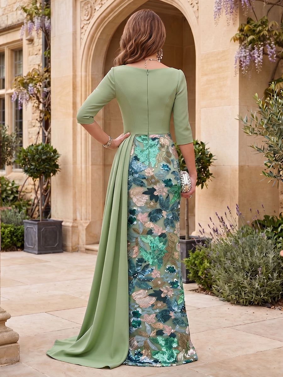 Paillettenbesticktes Blumenkleid mit Satin-Drapierung