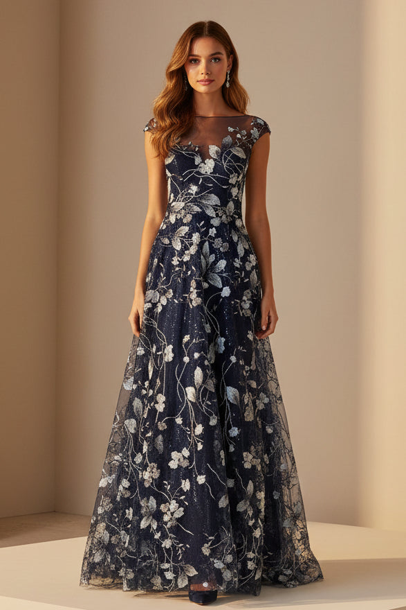Ärmelloses Abendkleid in A-Linie mit Blumenmuster und Illusionseffekt