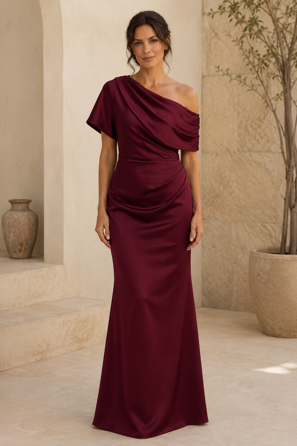 Asymmetrisches, drapiertes Satin-Abendkleid in Trompetenform