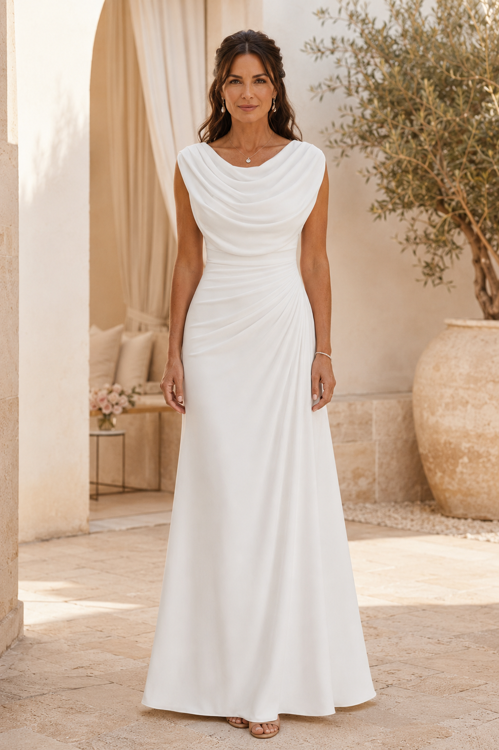 Abendkleid mit Wasserfallausschnitt und Raffungen, bodenlang