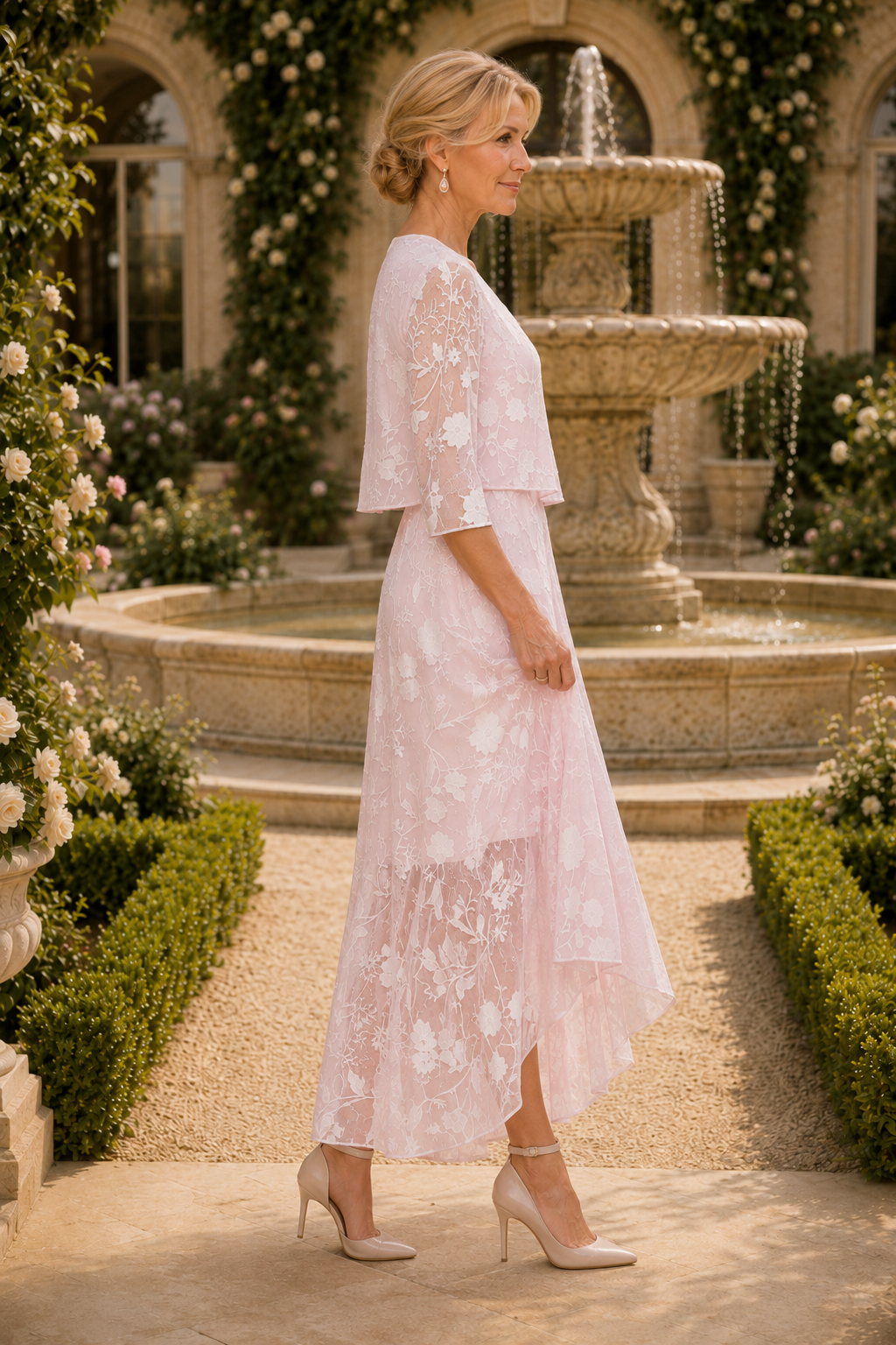 Blumen-Spitzen-High-Low-Kleid mit Bolerojäckchen
