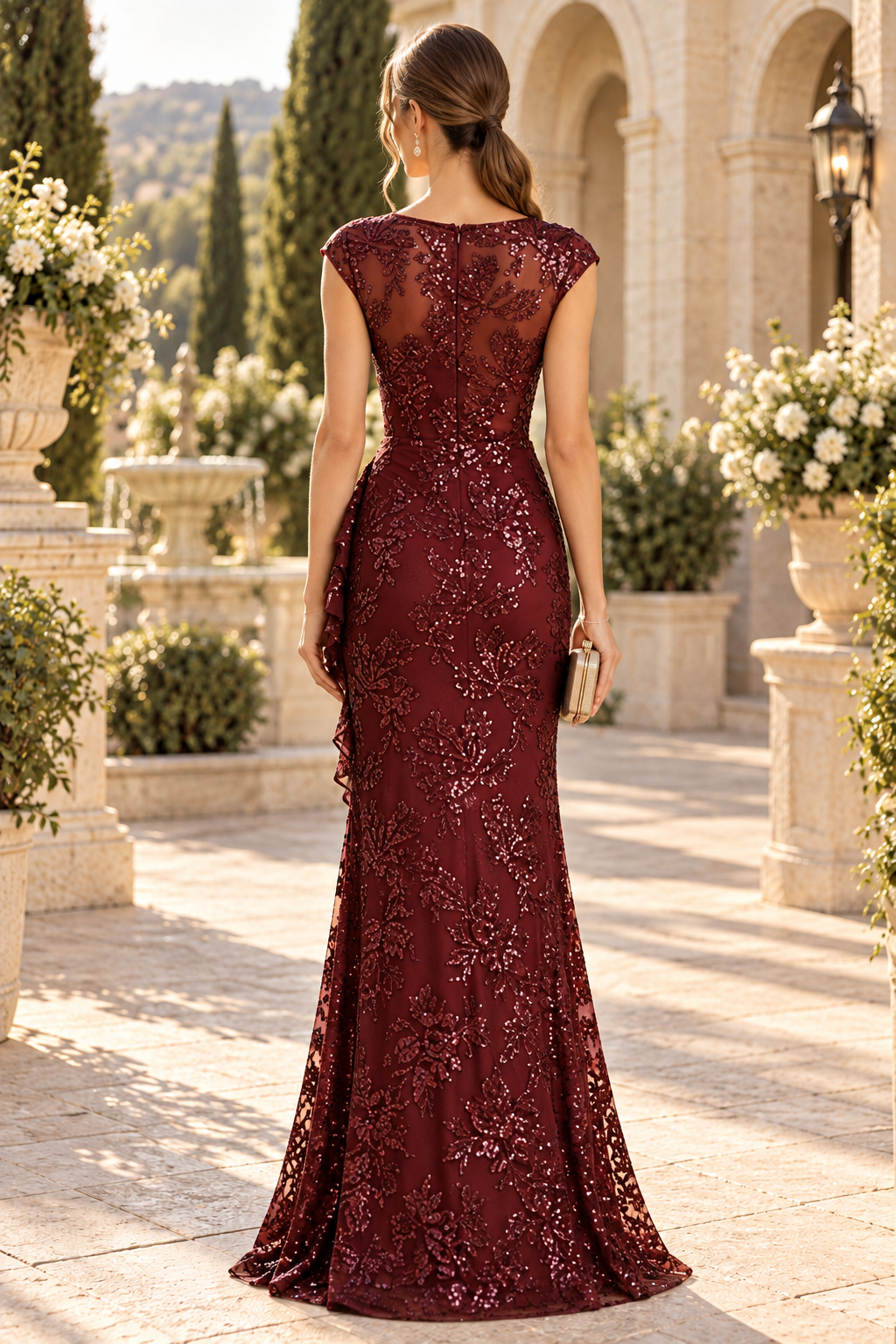 Sequin Cap Sleeve Evening Gown with Side Ruffle
