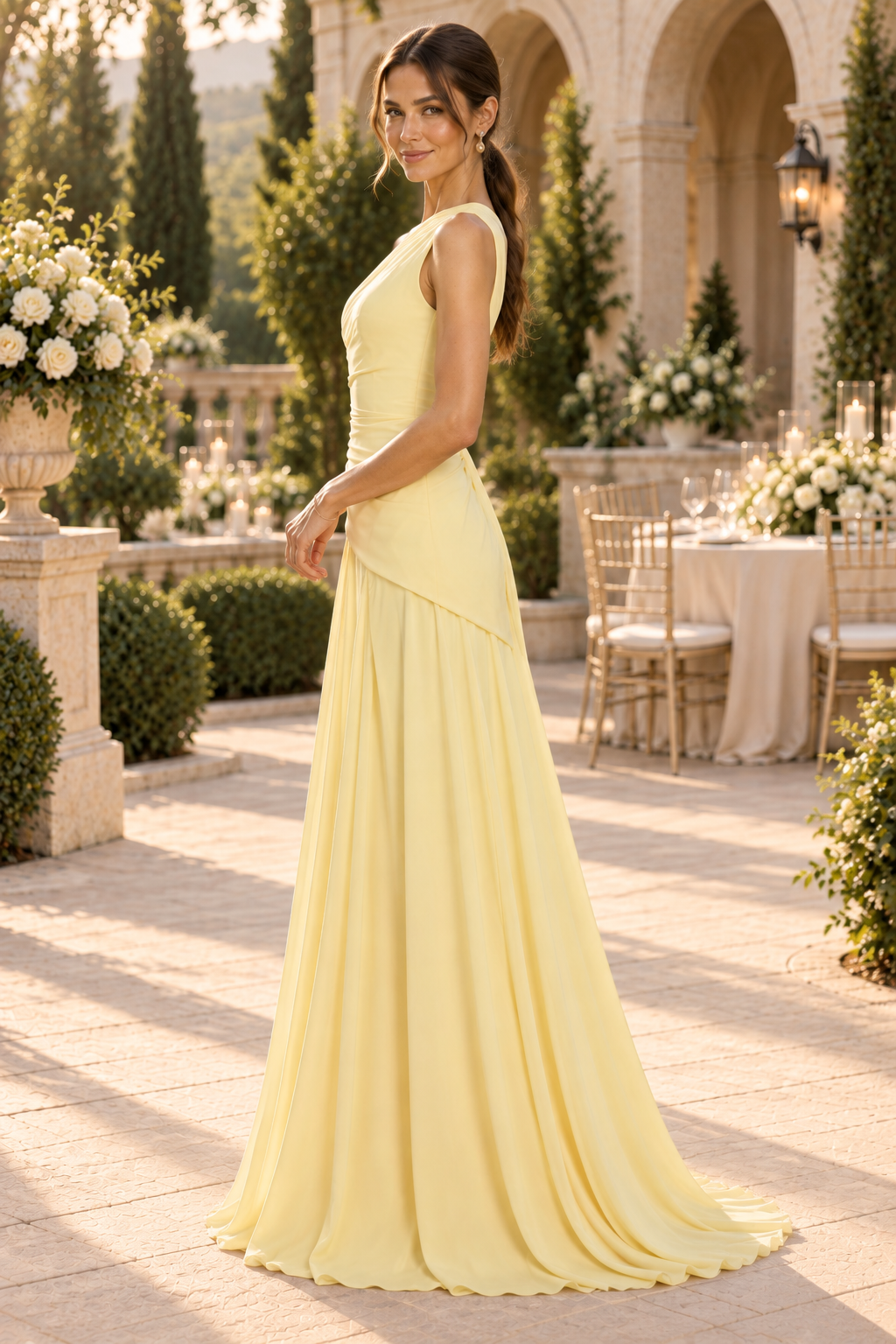 One-Shoulder Ruched Pleated A-Line Gown