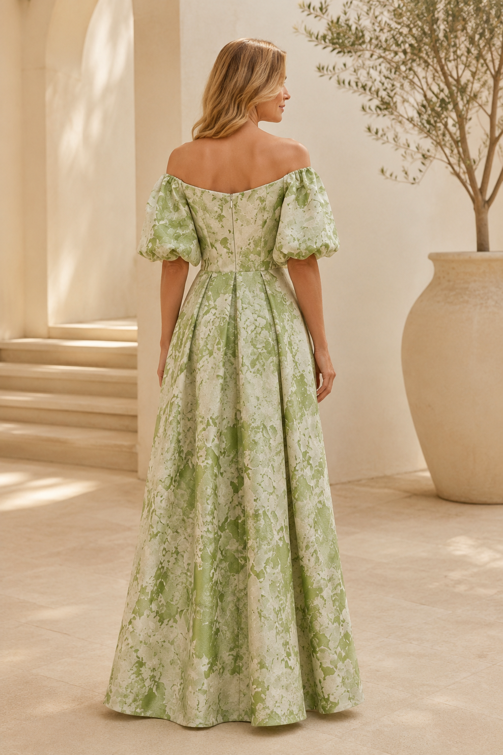 Off-Shoulder A-Linien-Kleid mit Puffärmeln und Blumen-Jacquard