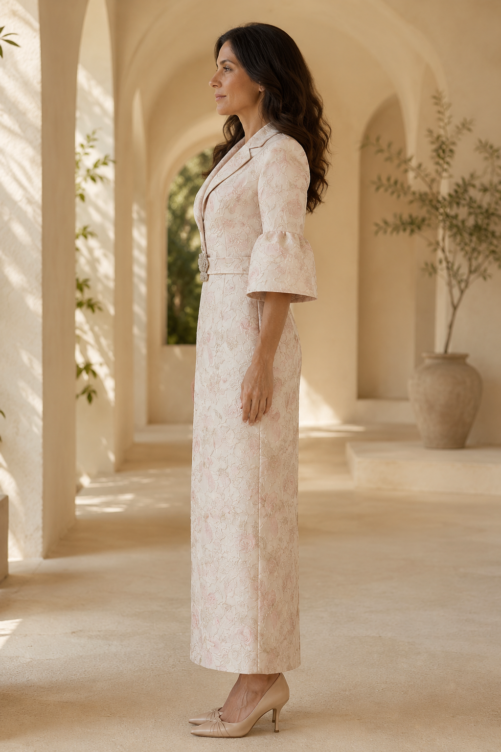 Geblümtes Jacquard-Kleid im Blazer-Stil mit Glockenärmeln