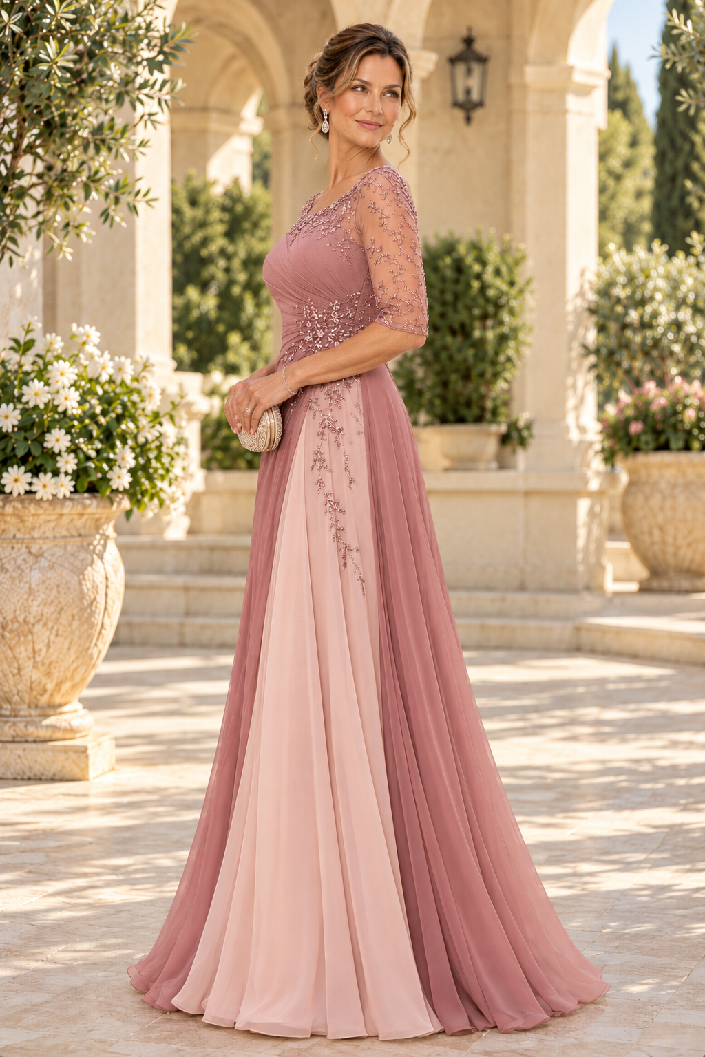 Ruched A-Line Gown with Floral Appliques