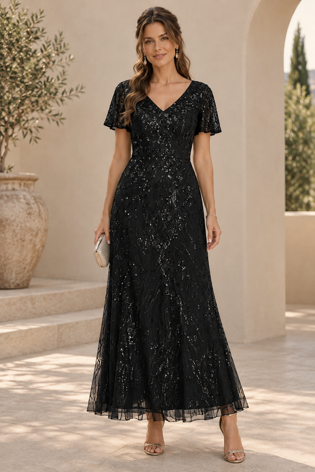 Sequin V-Neck A-Line Gown with Flutter Sleeves