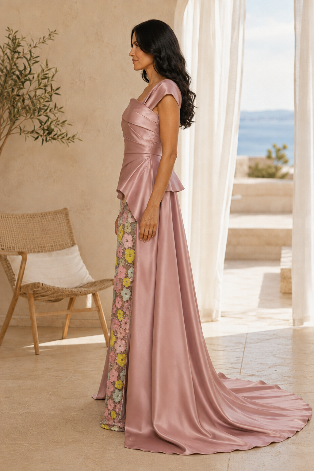 Off-Shoulder Blumen Paillettenkleid mit Satin-Überrock