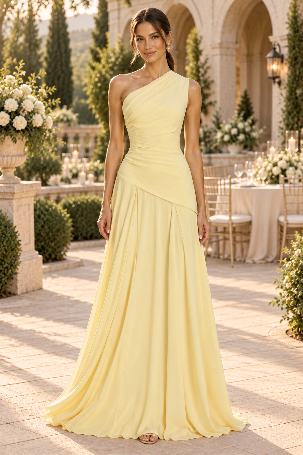 One-Shoulder Ruched Pleated A-Line Gown