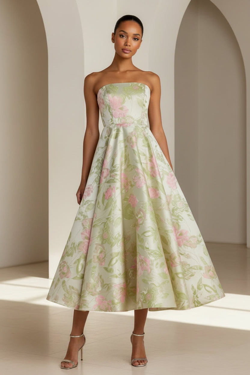 Trägerloses A-Linien-Kleid in Teelänge mit Blumen-Jacquard