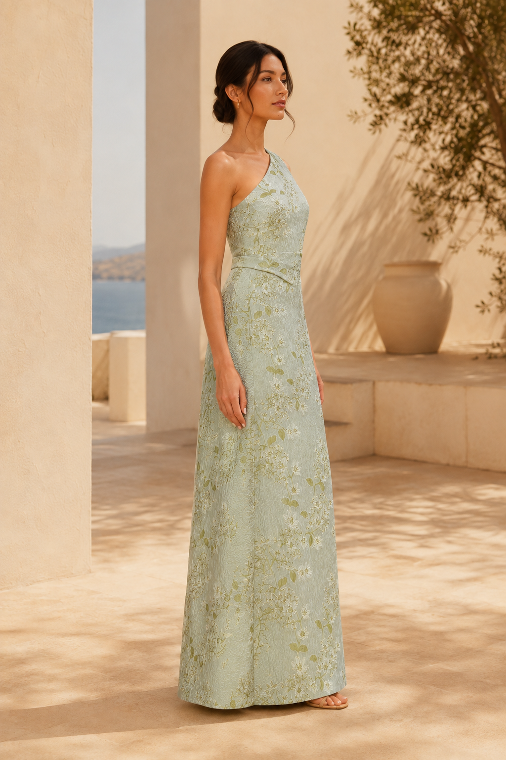 Blumen-Jacquard-Abendkleid mit One-Shoulder-Träger und A-Linie