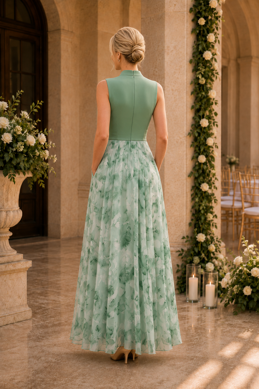 Ärmelloses Maxikleid mit Blumenmuster und Taschen