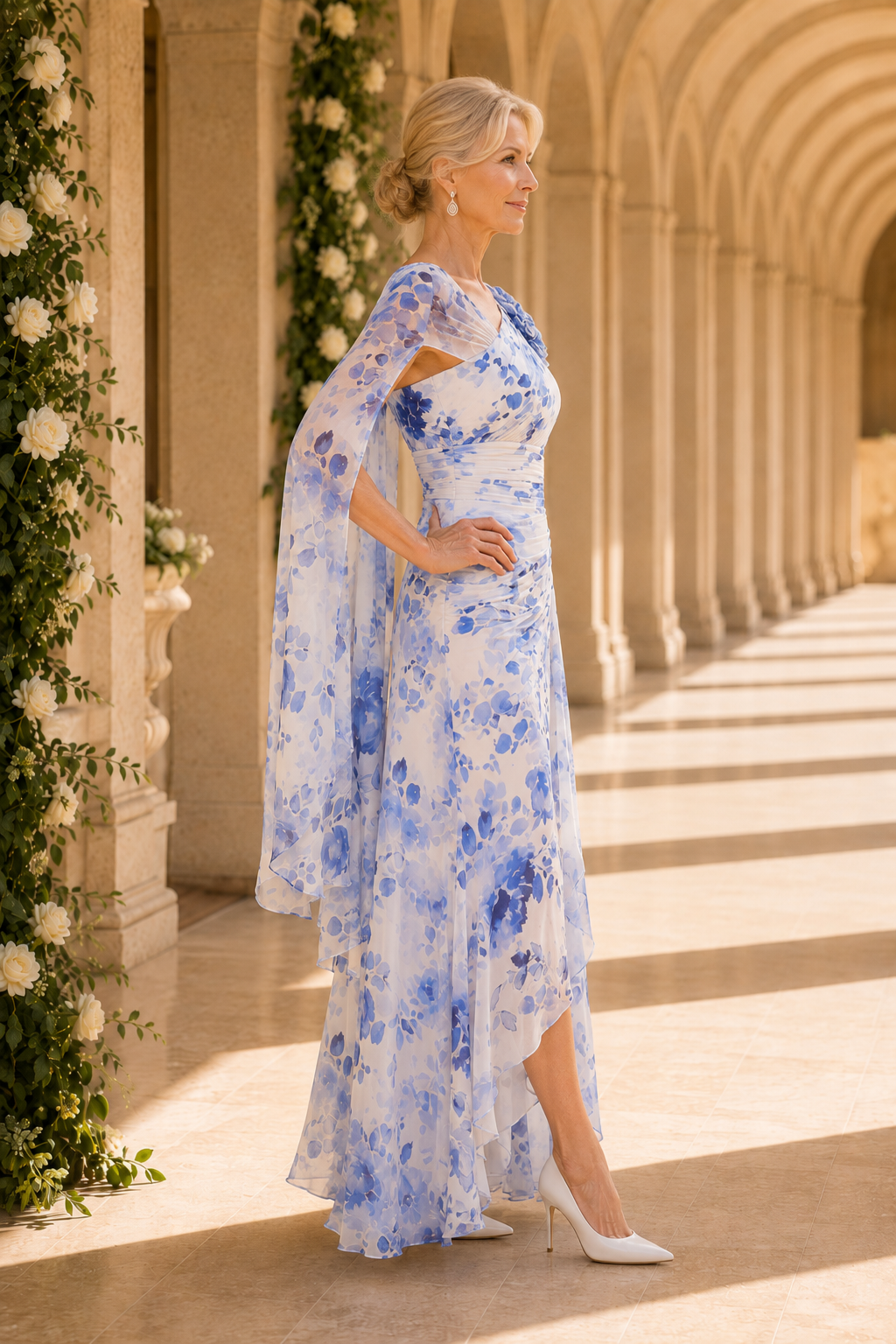 Florales High-Low Chiffonkleid mit Cape-Ärmeln