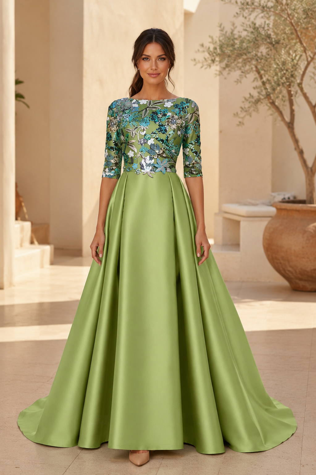 Geblümtes, besticktes Satin-A-Linien-Kleid mit 3/4-Ärmeln
