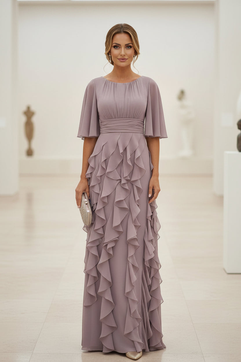 Rüschen Chiffon-Kleid mit Flatterärmeln und bodenlangem Rock