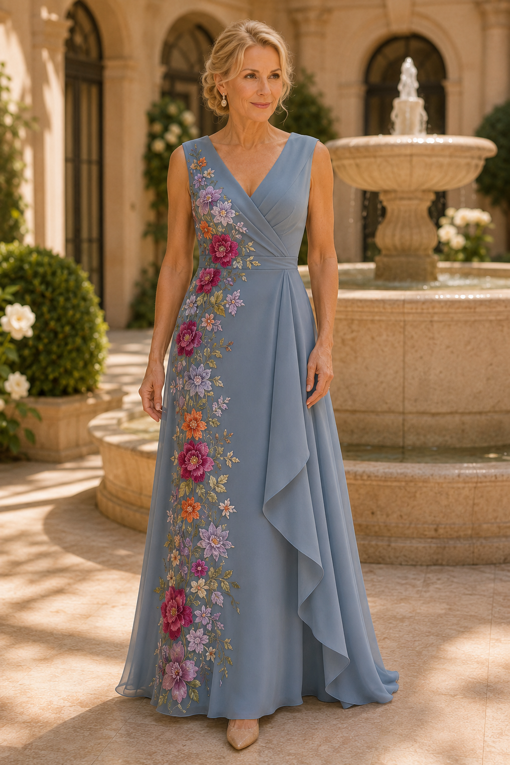 Besticktes geblümtes V-Ausschnitt A-Linien-Kleid