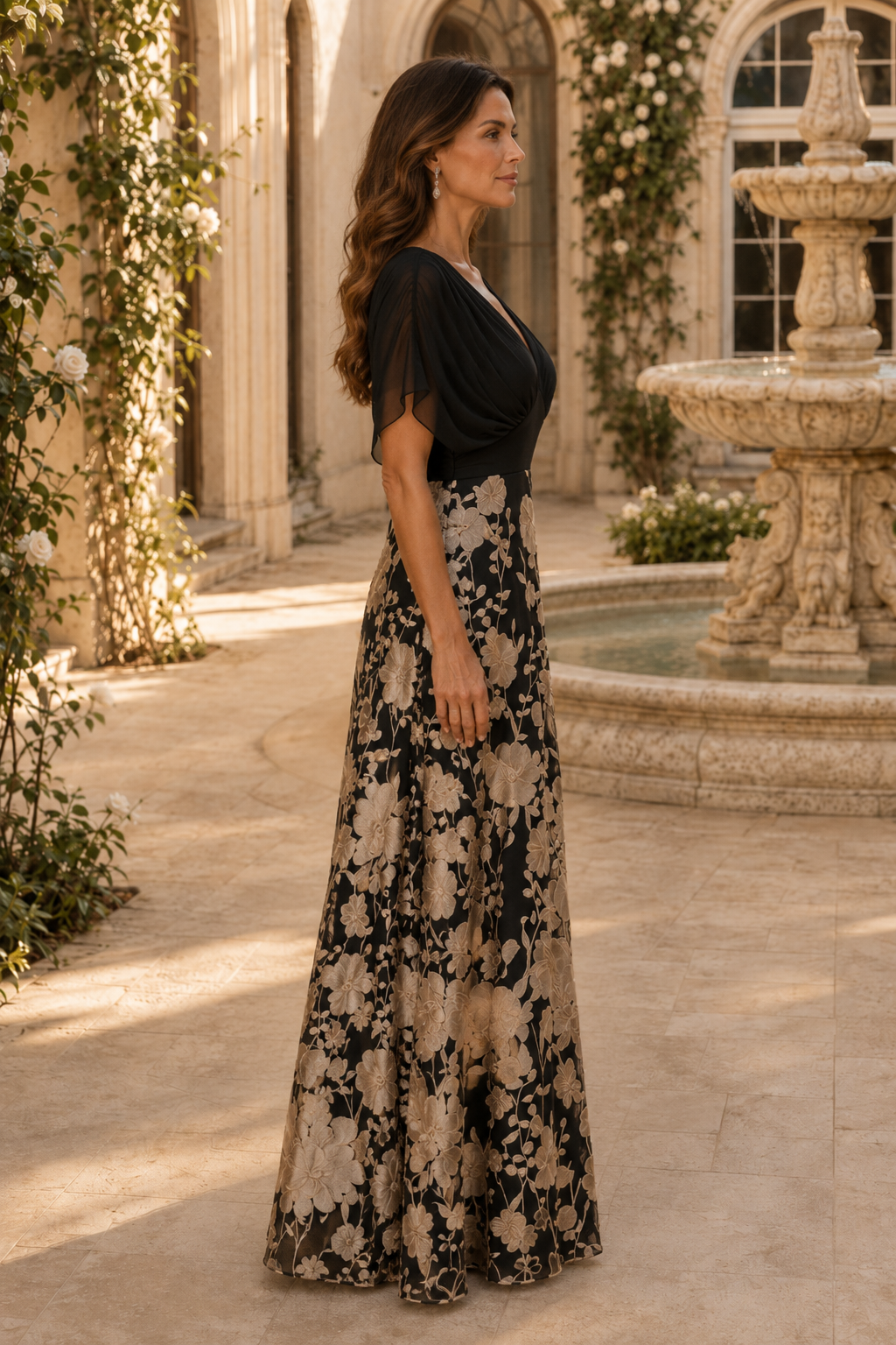 V-Neck Flutter Sleeve Floral A-Line Gown