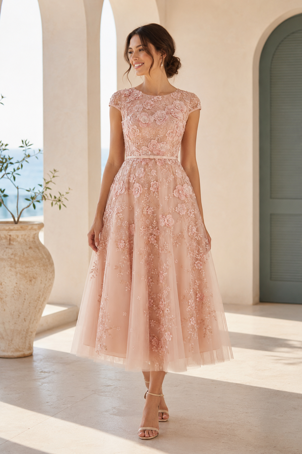 Geblümtes 3D-Applikations-Tüllkleid in Teelänge