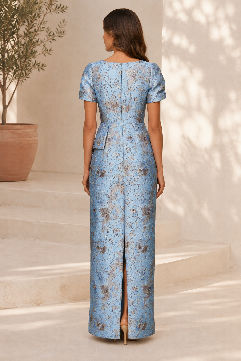 Florales Jacquard Peplum-Säulen-Abendkleid