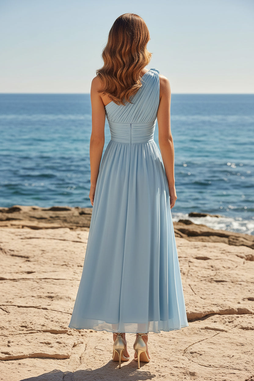 One-Shoulder Plisseekleid aus Chiffon (Midilänge)