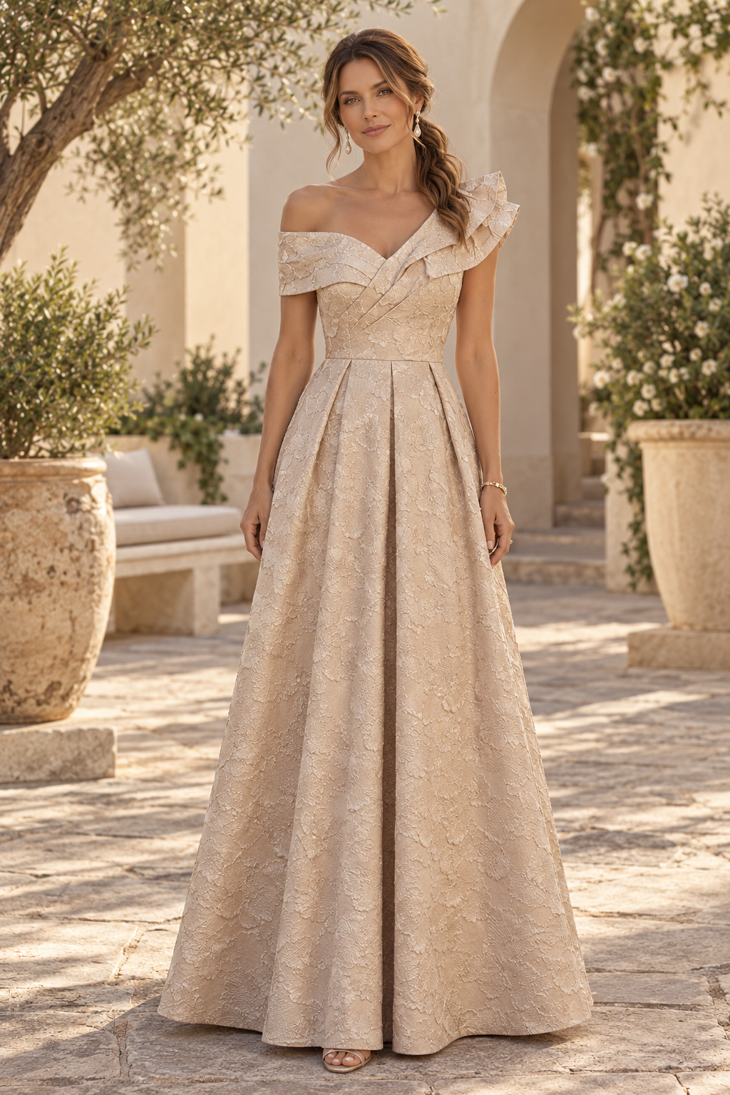 Asymmetrical Neckline Pleated A-Line Gown