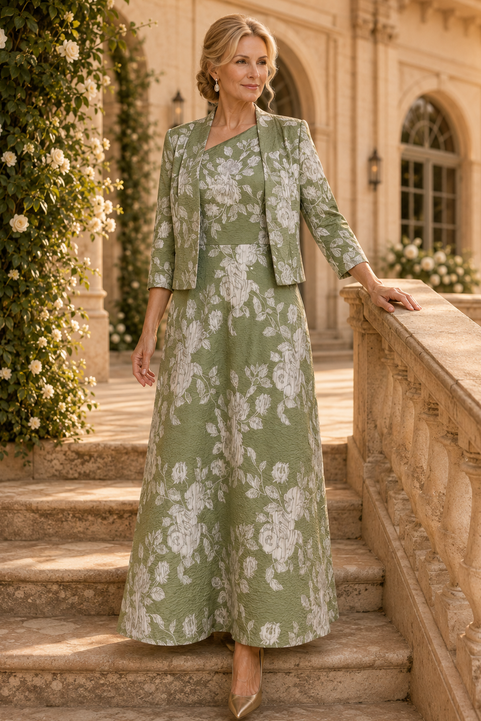 Maxikleid und Jacke mit Blumen-Jacquard