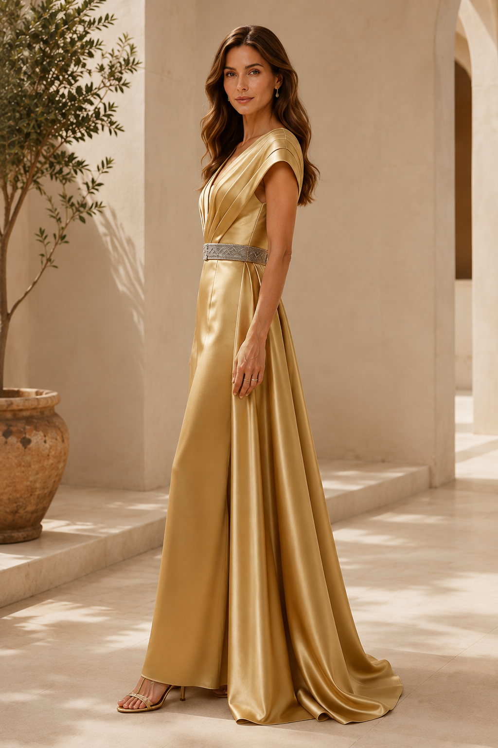 Plissiertes Satin-Abendkleid mit Perlenstickerei am Gürtel
