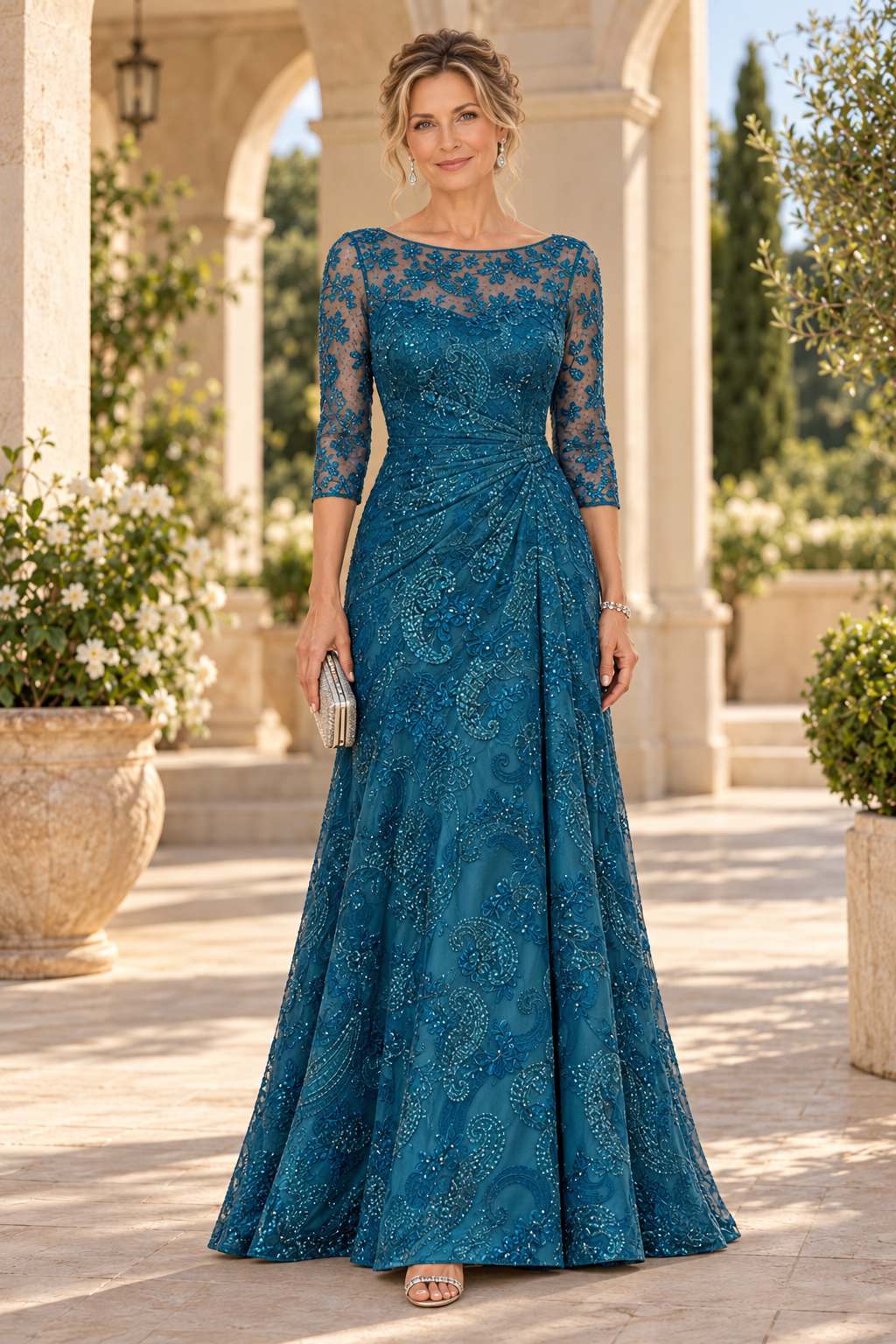 Embroidered Beaded A-Line Gown with 3/4 Sleeves