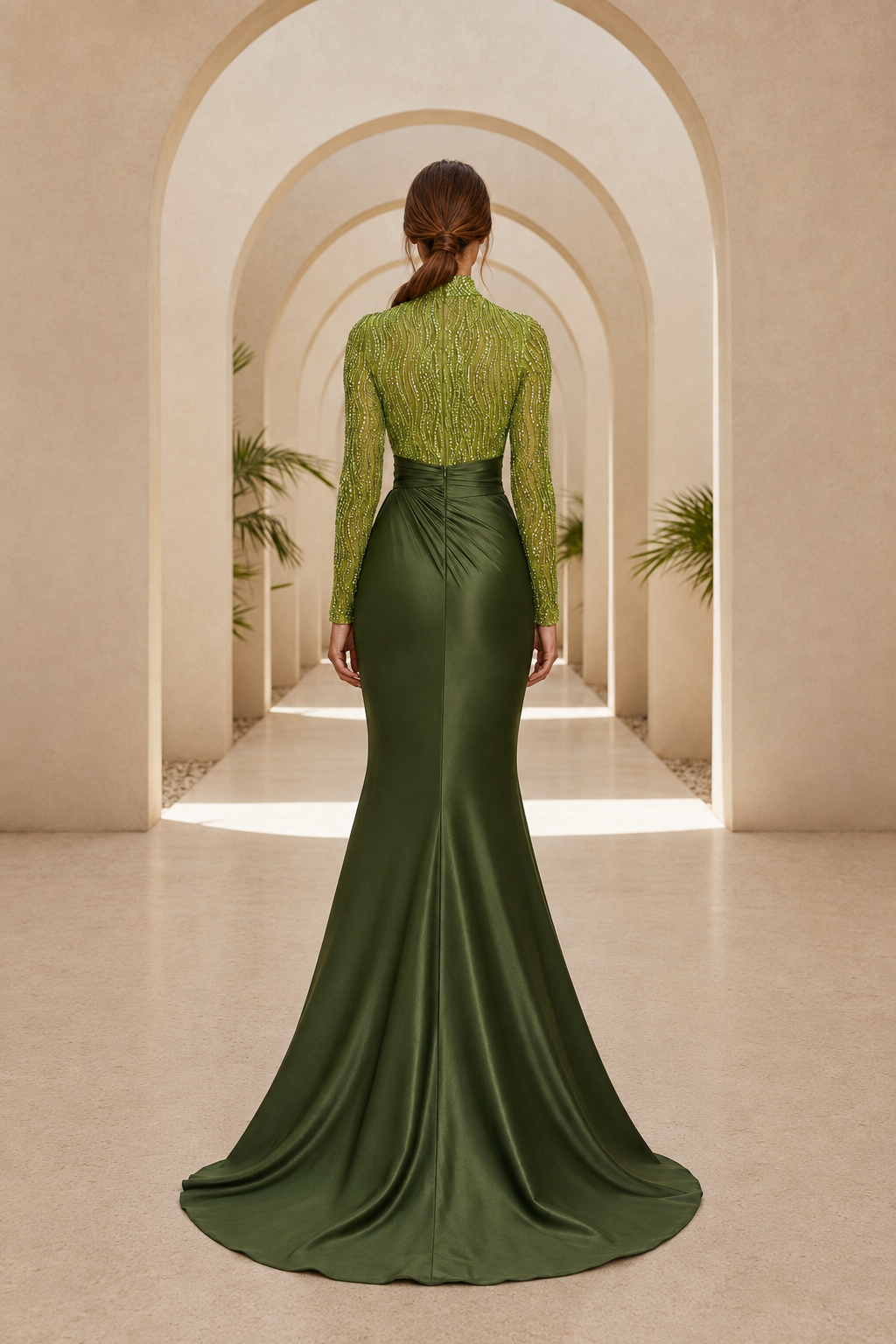 Meerjungfrauenkleid mit hohem Ausschnitt und Perlenstickerei