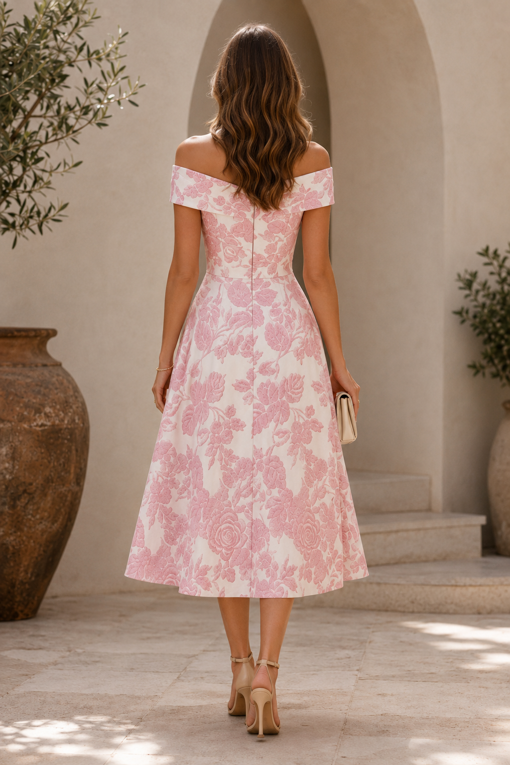 Off-Shoulder Midikleid aus Blumenjacquard
