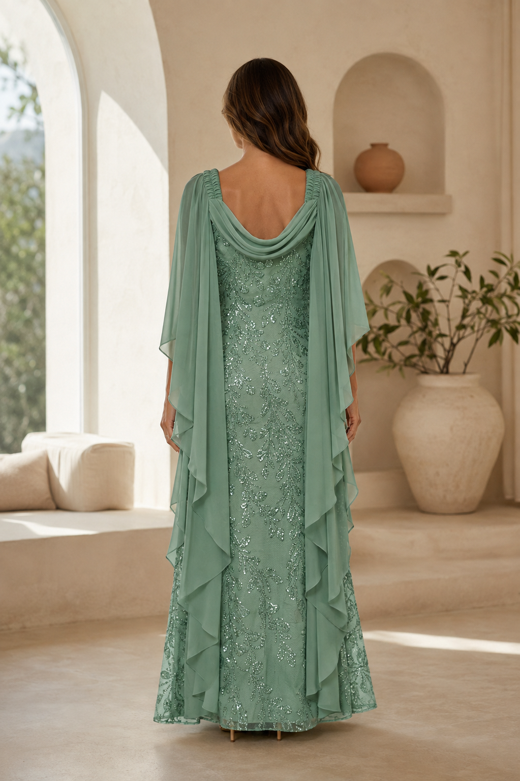 Pailletten-Spitzenkleid mit Chiffon-Schleppenärmeln und Wasserfallausschnitt