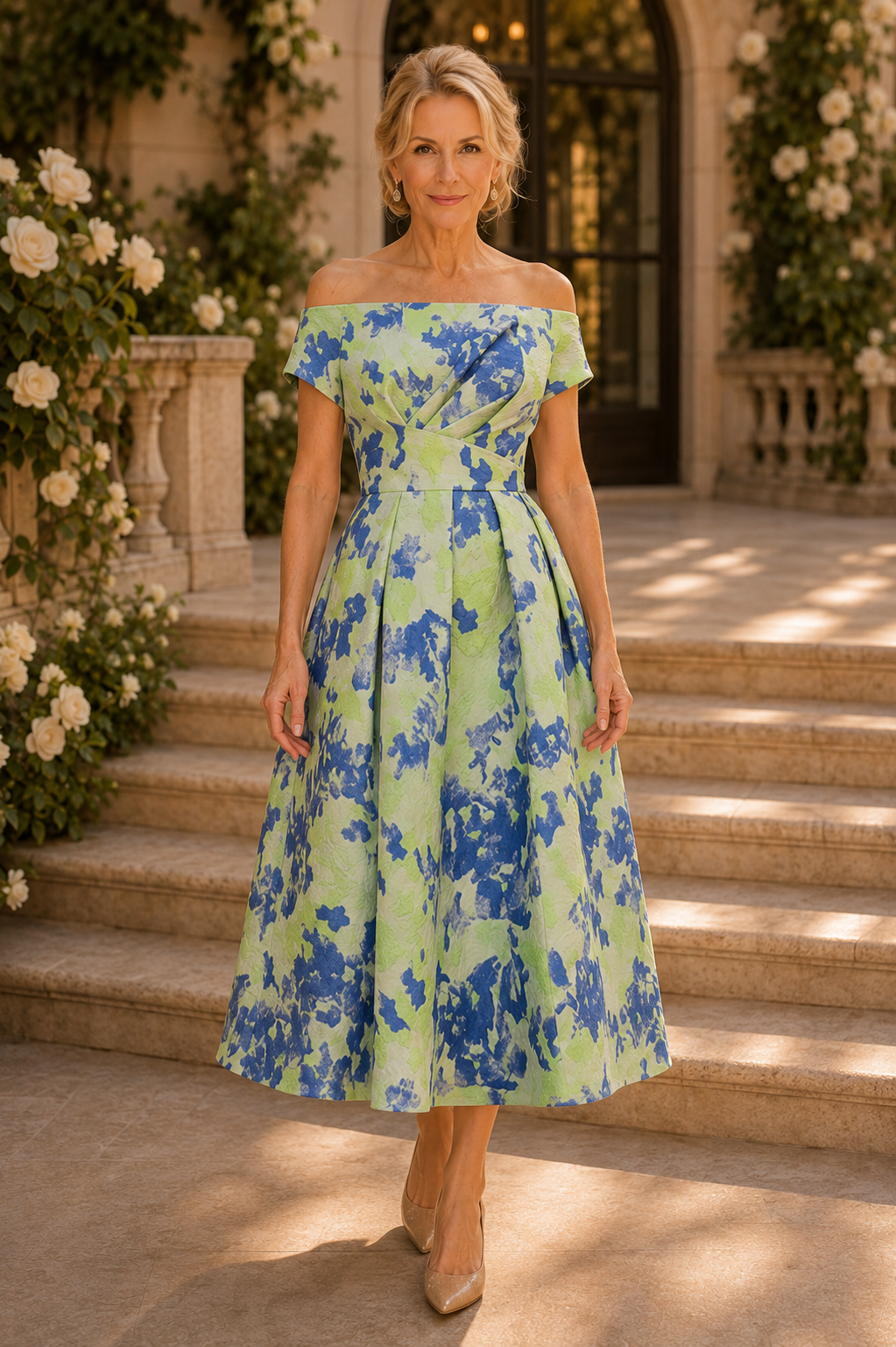 Plissiertes Midi-Jacquardkleid mit Blumenmuster und Carmenausschnitt