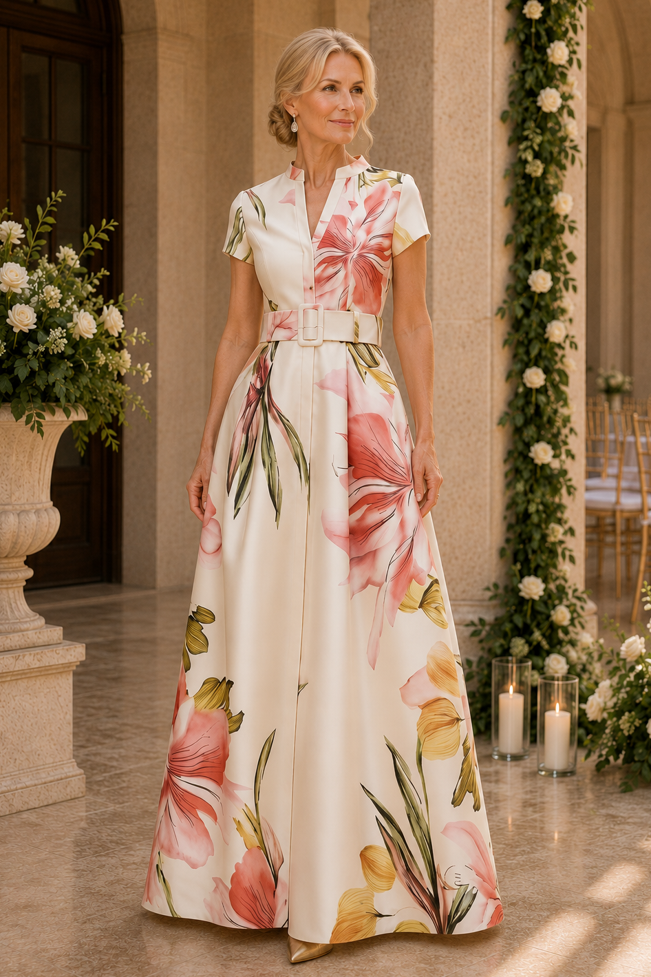 Maxikleid mit Blumenmuster, Gürtel und Ärmeln in A-Linie
