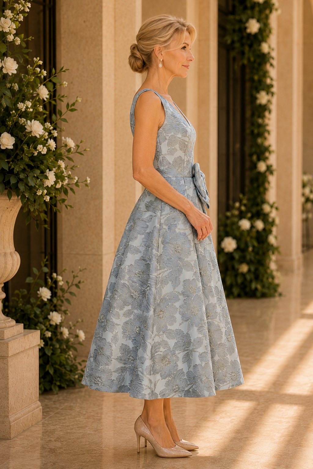 Florales Jacquard-Teekleidlänge mit Schleife