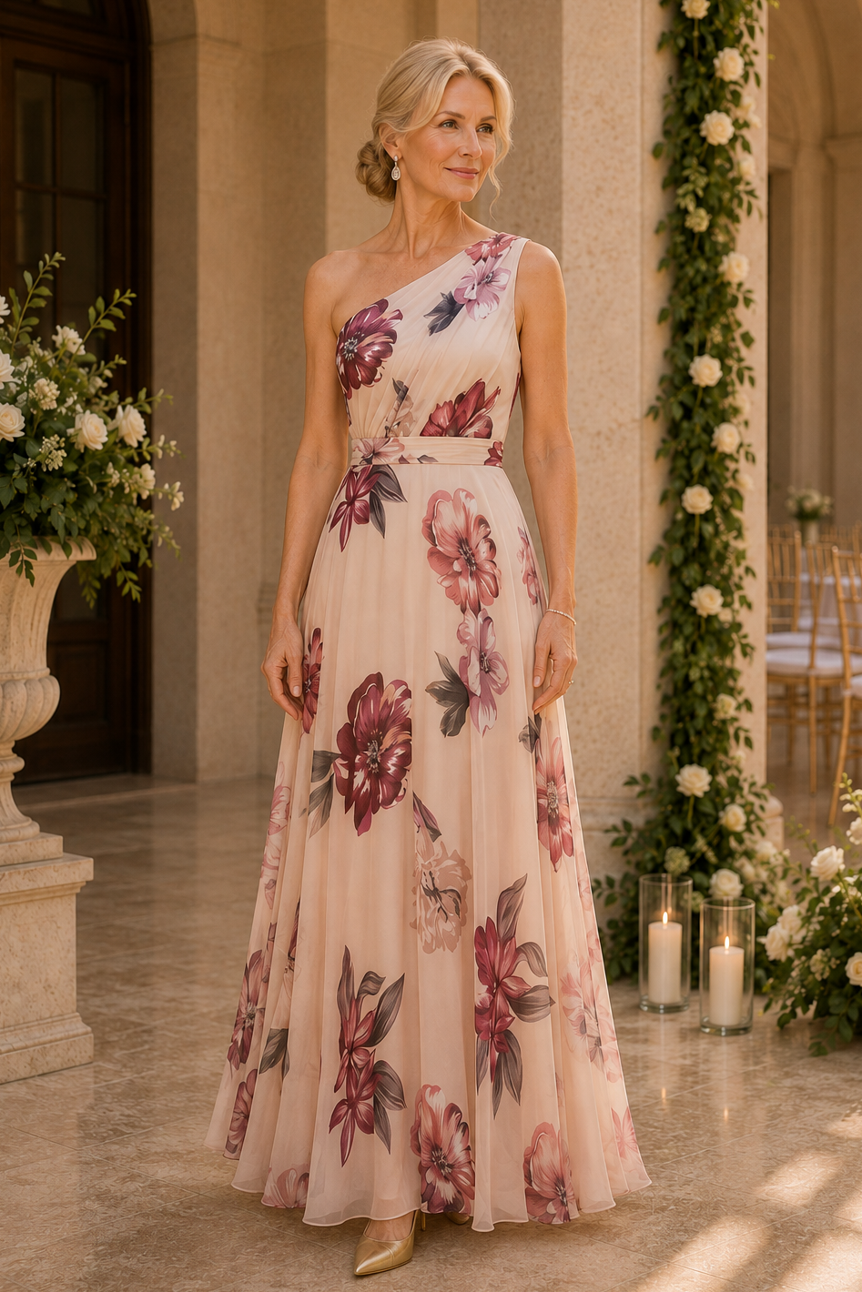 One-Shoulder Maxi-Kleid mit Blumenmuster in A-Linie