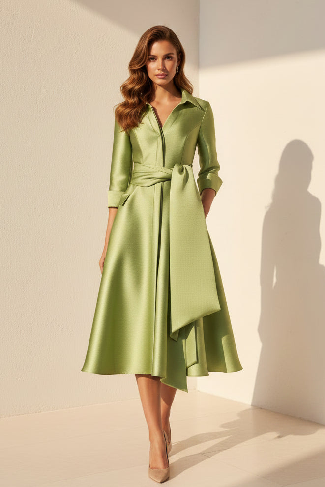 Satin-Midi-Hemdblusenkleid mit Schleifengürtel und Tellerrock