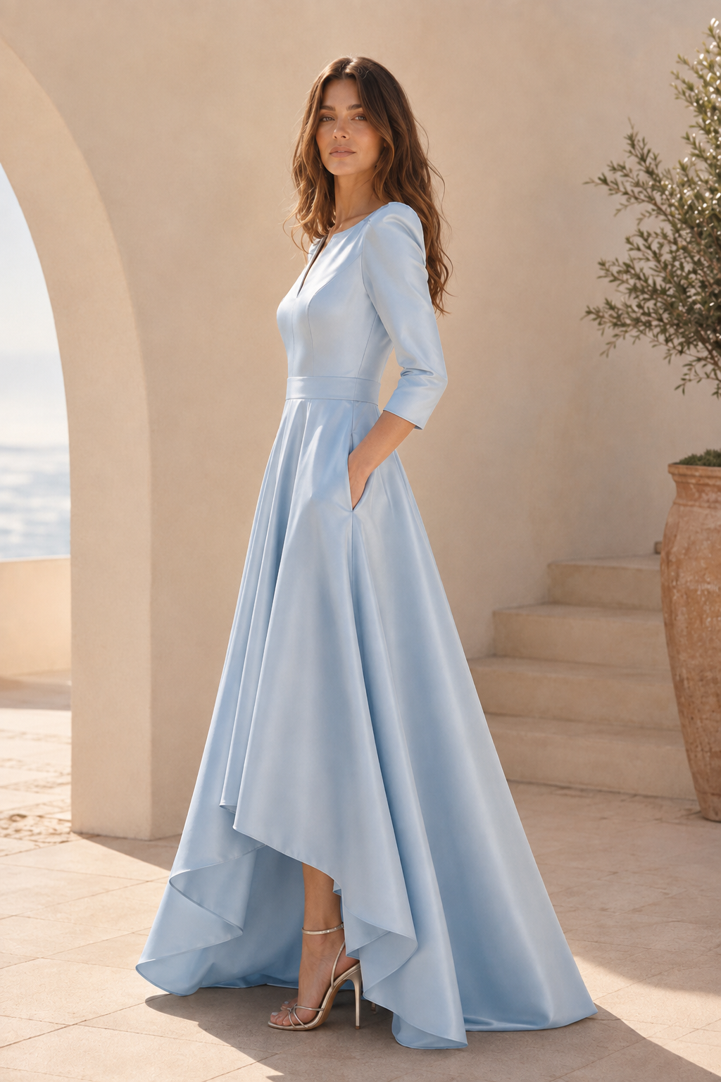 High-Low Satin A-Linien-Kleid mit 3/4 Ärmeln