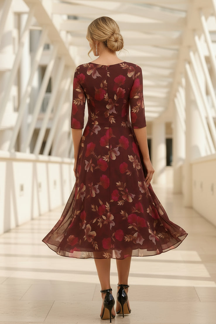 Florales Chiffon-V-Ausschnitt A-Linien-Midikleid