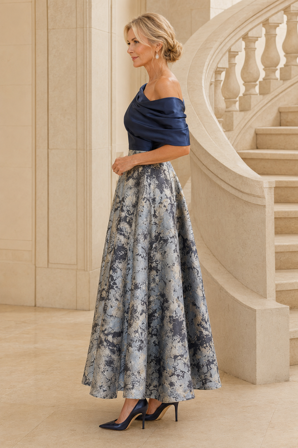 Etuikleid aus Satin-Jacquard mit drapiertem One-Shoulder-Träger