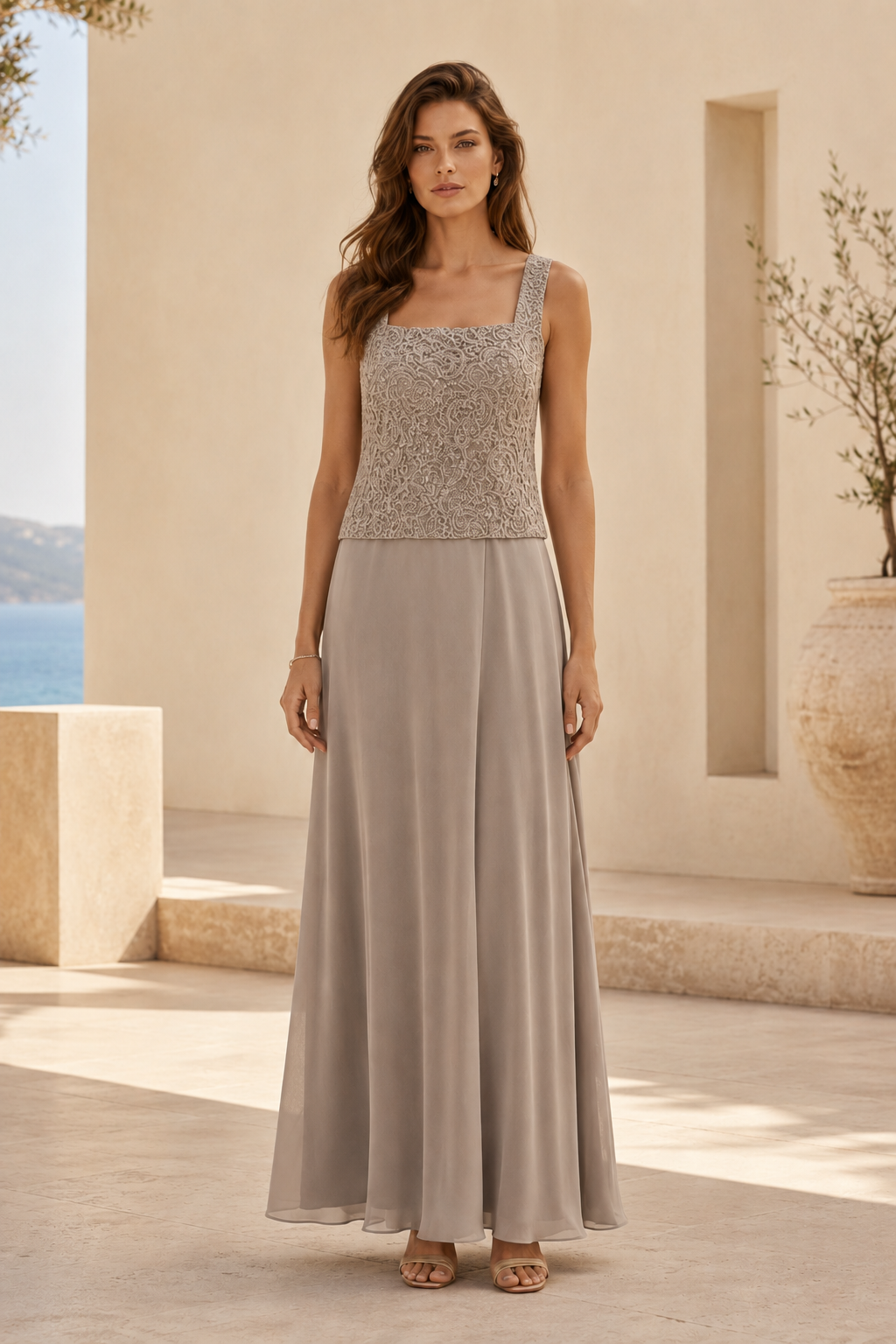 Spitzenjacke & Chiffon A-Linie Abendkleid
