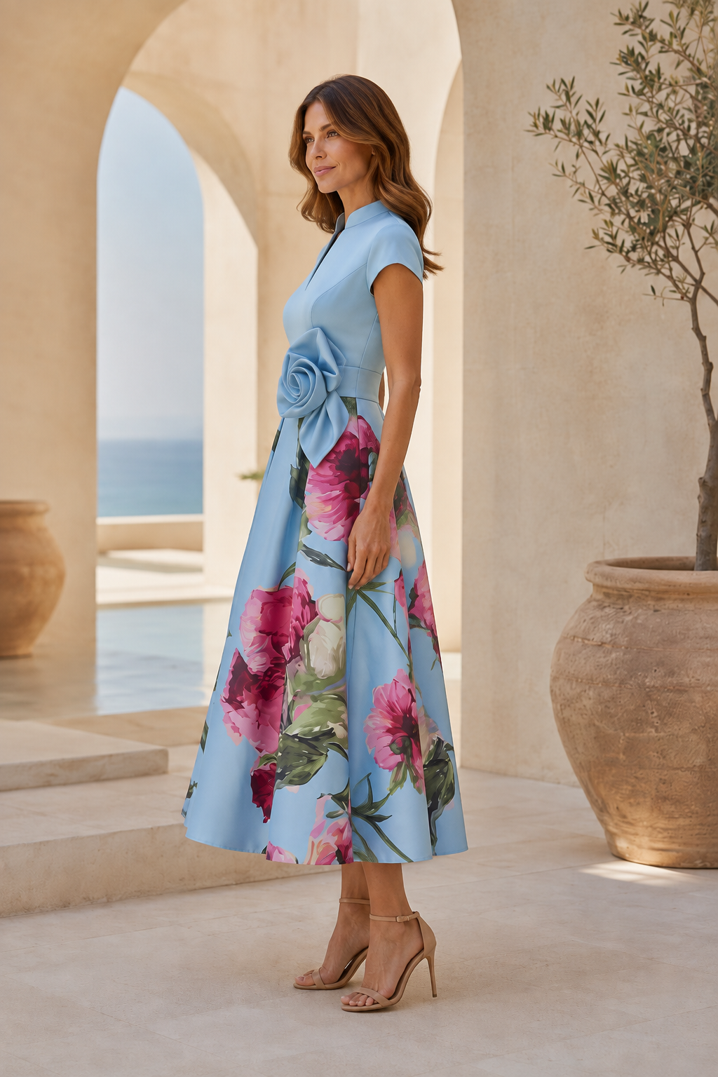 Geblümtes Fit-and-Flare Midi-Kleid mit Blumenapplikation an der Taille
