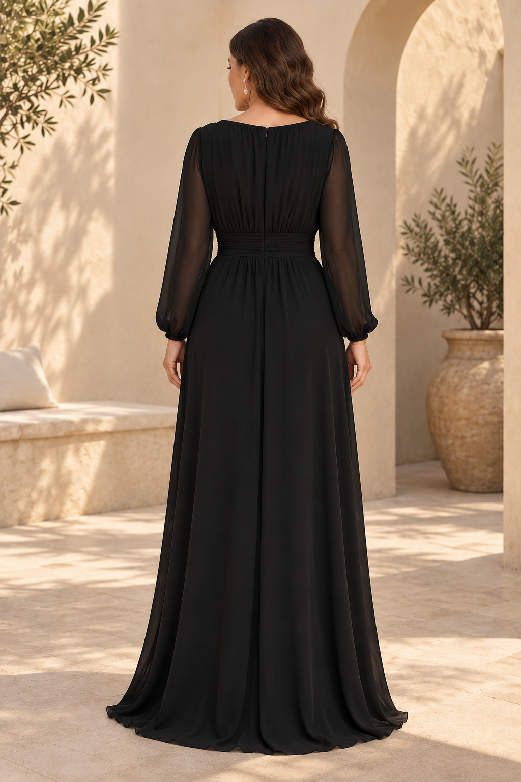 Sequin Bodice Split-Sleeve Maxi Dress with Slit