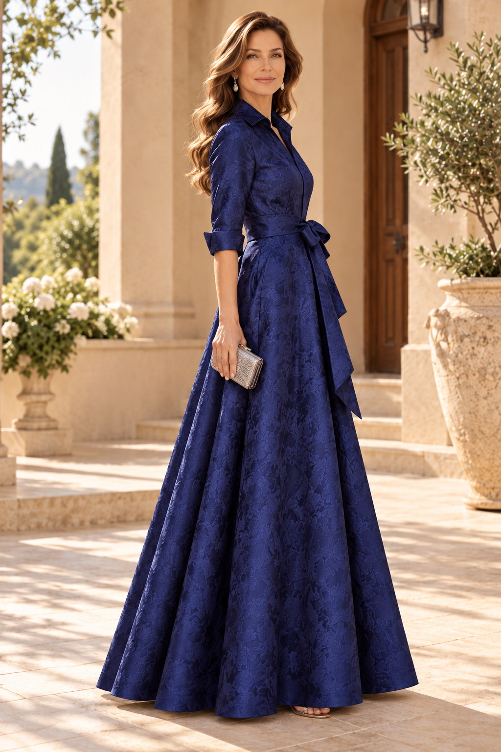 Collared Jacquard A-Line Gown with Sash Belt